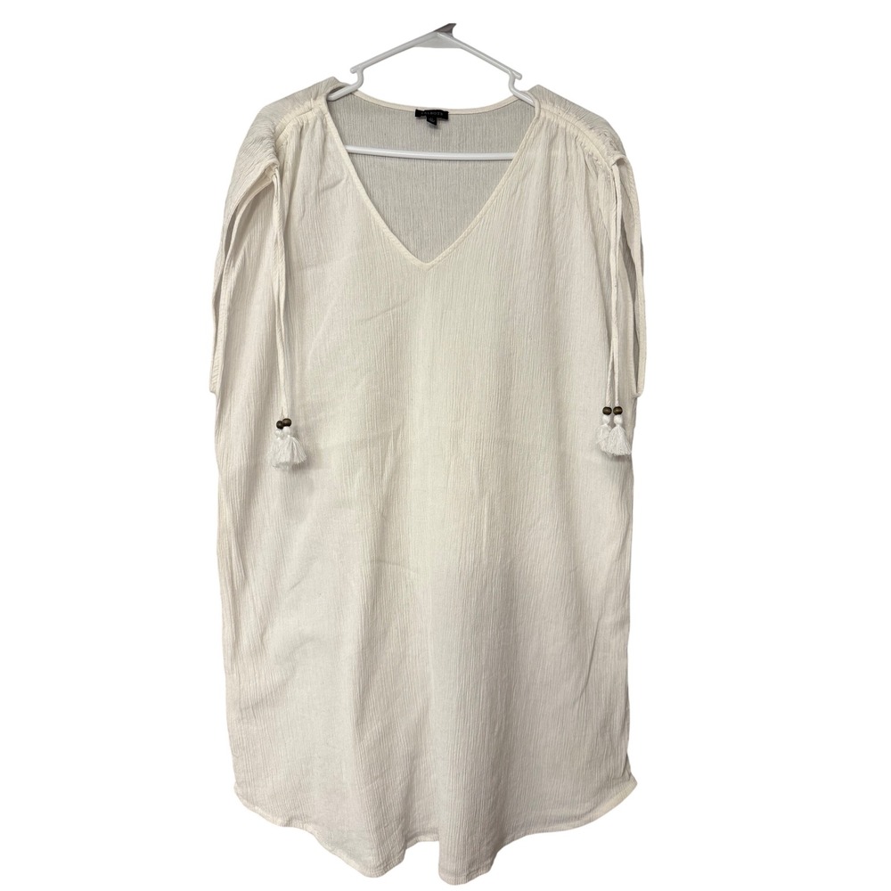 Talbots XL White Cotton V-Neck Tunic Coverup Top‎ Tassel Tie Boho Summer